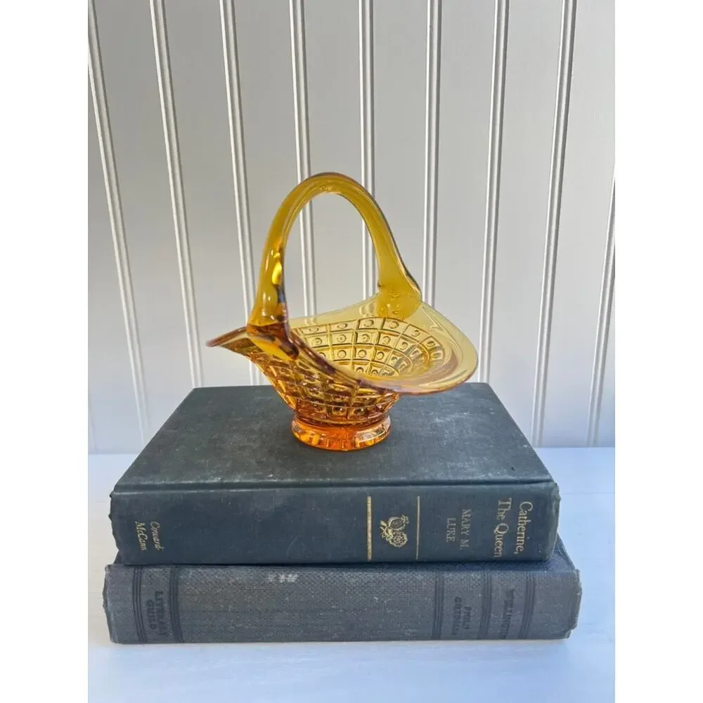 Vintage Italian Amber Glass Basket Dot Square Pattern Nut Candy Floral Dish 5”